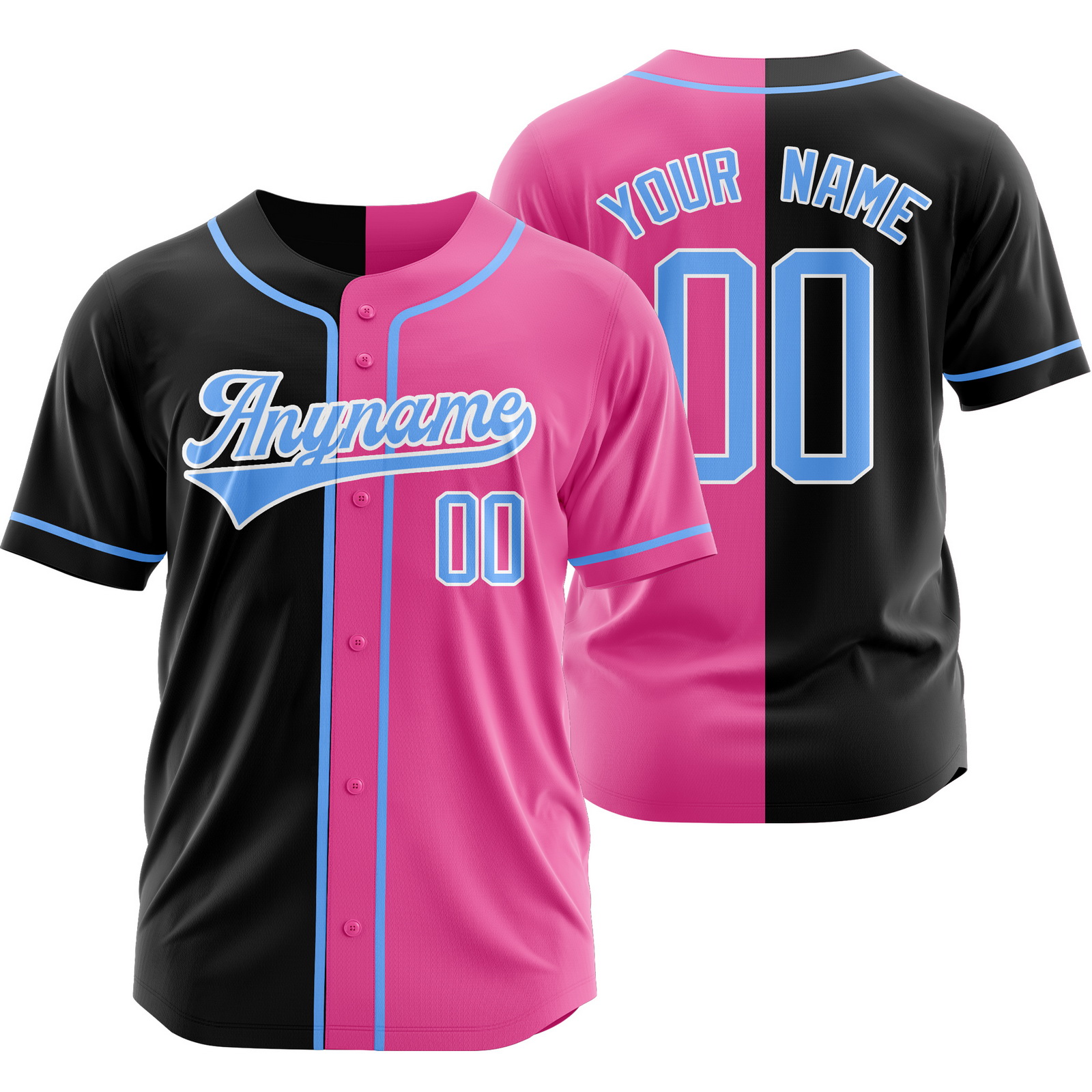 Custom Black Pink Blue Authentic Split Color Baseball Jersey