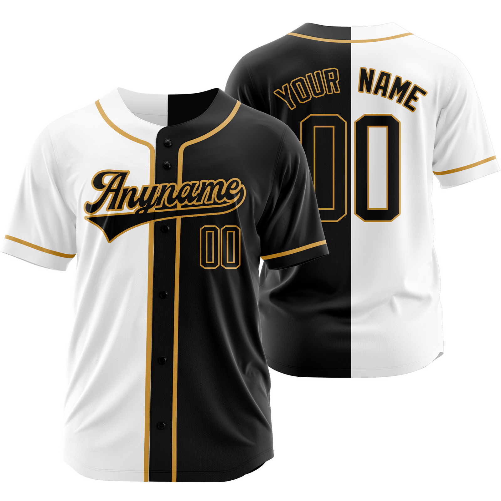 Custom White Black Gold Authentic Split Color Baseball Jersey