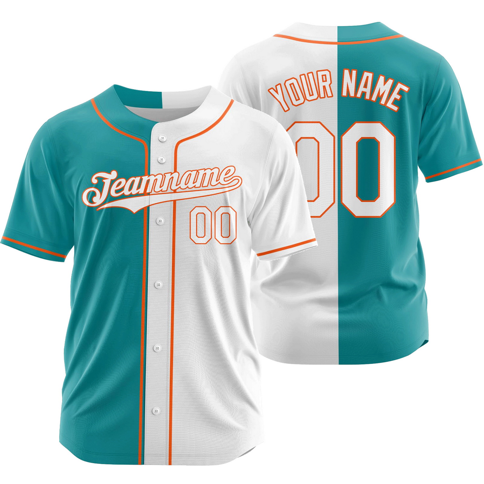 Custom Teal White Team Split Baseball Jersey Half and Half Shirt