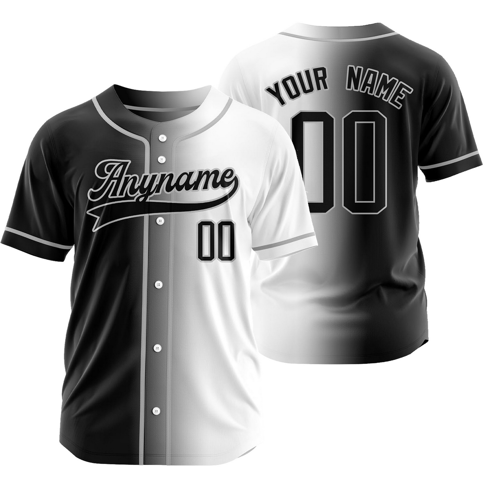Custom Black White Gradient Baseball Jersey Team Shirt