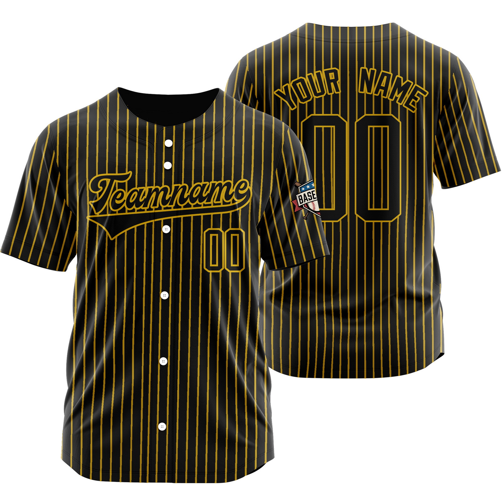 Custom Black Gold Full Button Pinstripe Jersey Stitched Printed