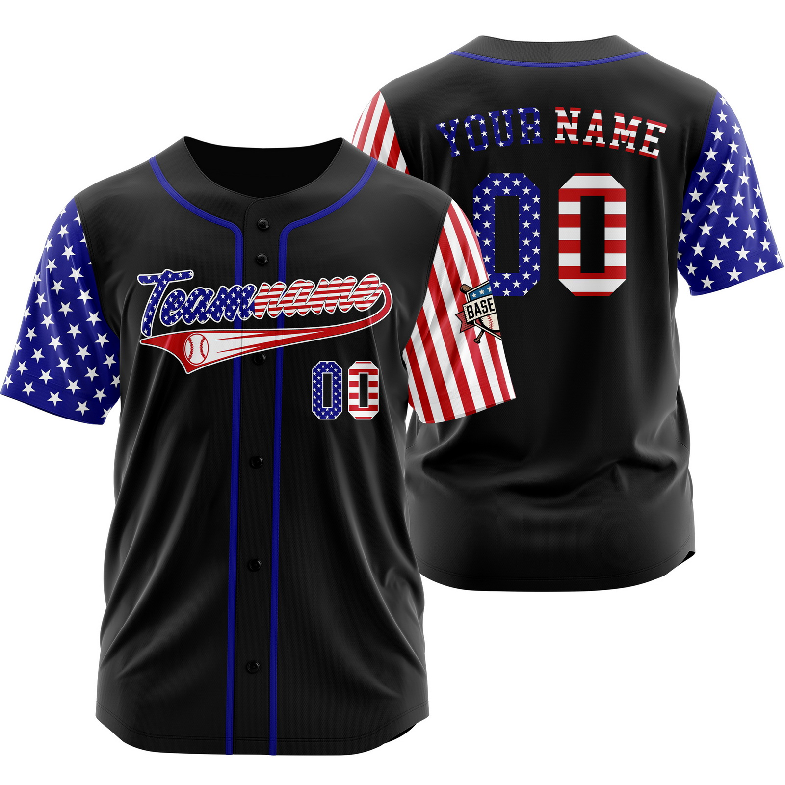 Custom Black USA Flag Patriotic Baseball Jersey