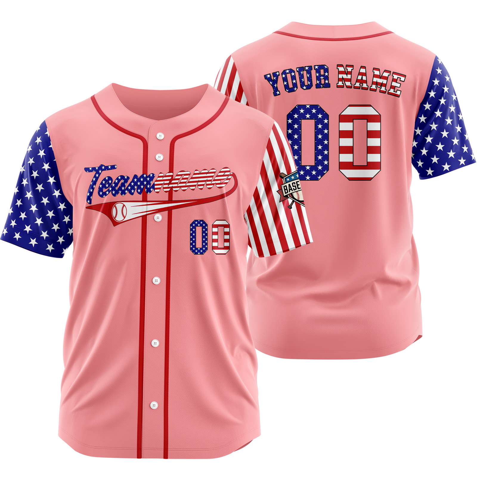 Custom Pink USA Flag Patriotic Baseball Jersey