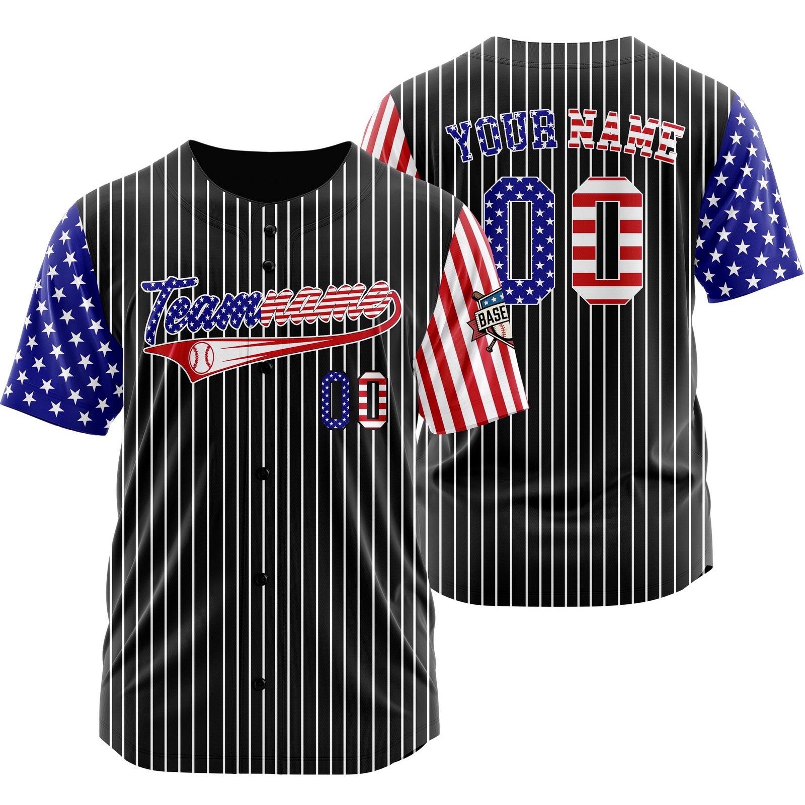 Custom Black USA Flag June Patriotic Baseball Jersey