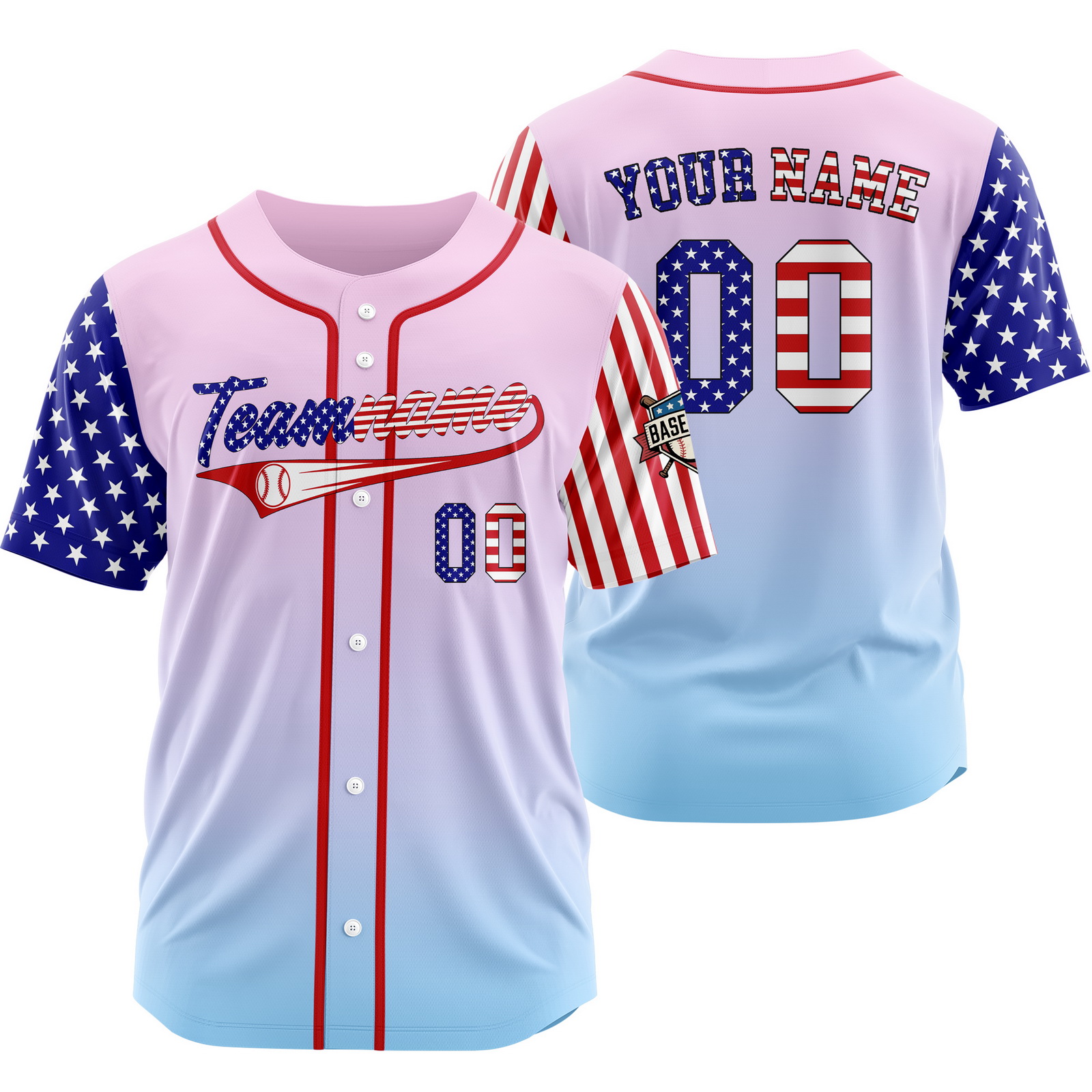 Custom Pink Gradient USA Flag Patriotic Baseball Jersey
