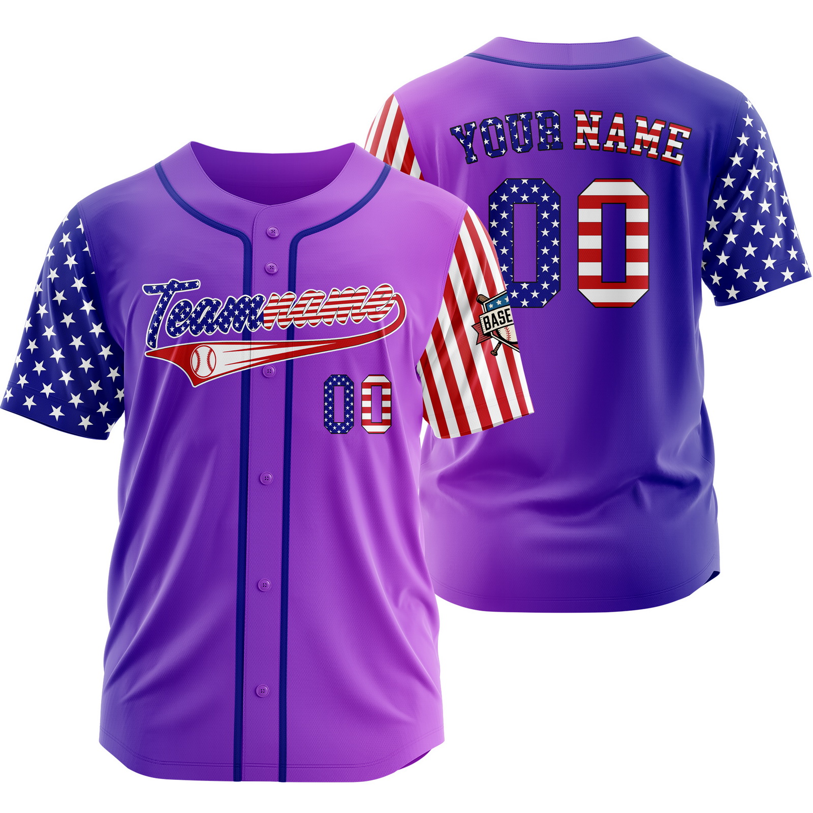 Custom Purple Gradient USA Flag Patriotic Baseball Jersey