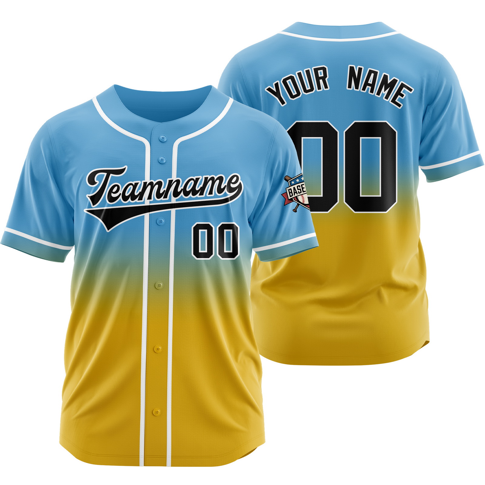 Custom Blue Yellow Full Button Gradient Jersey Polyester Shirt