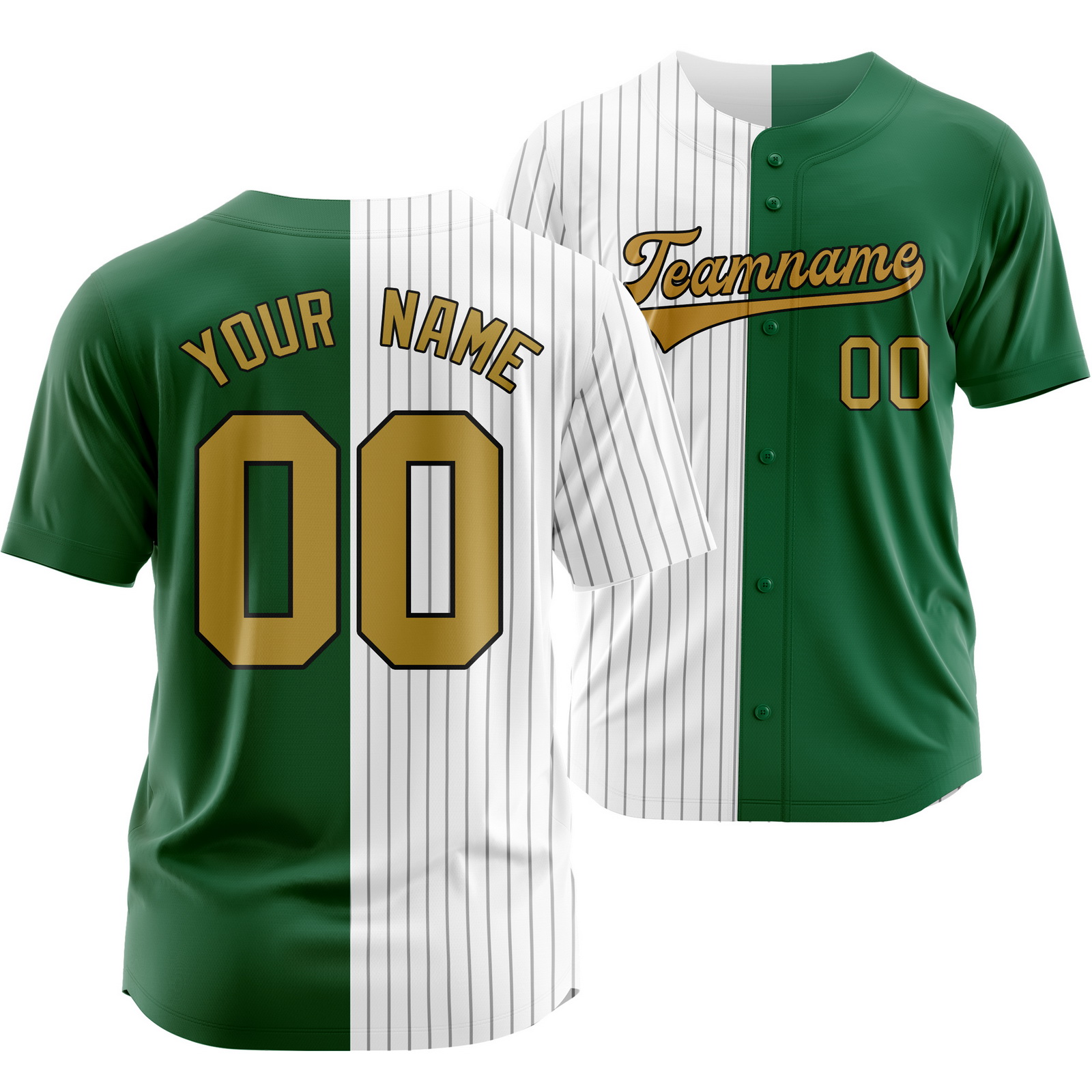 Custom Green White Gold Striped Baseball Jersey Split Softball Shirt
