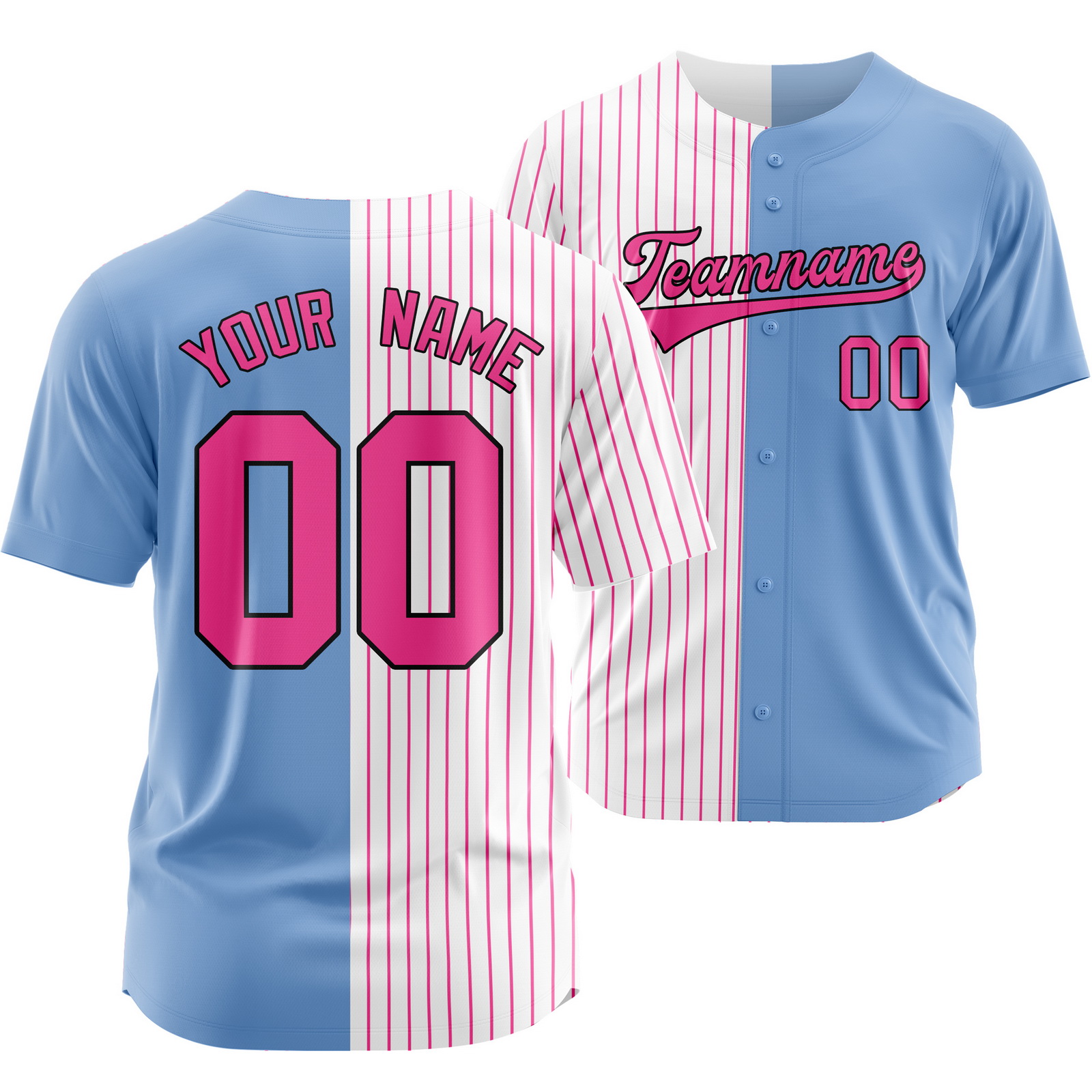 Custom White Blue Pink Striped Baseball Jersey Split Softball Shirt