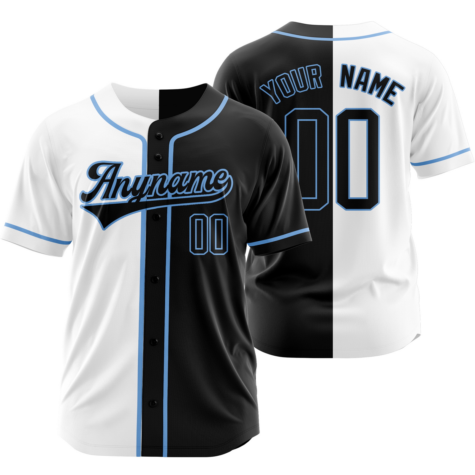 Custom White Black Blue Split Baseball Jersey Half Softball Shirt