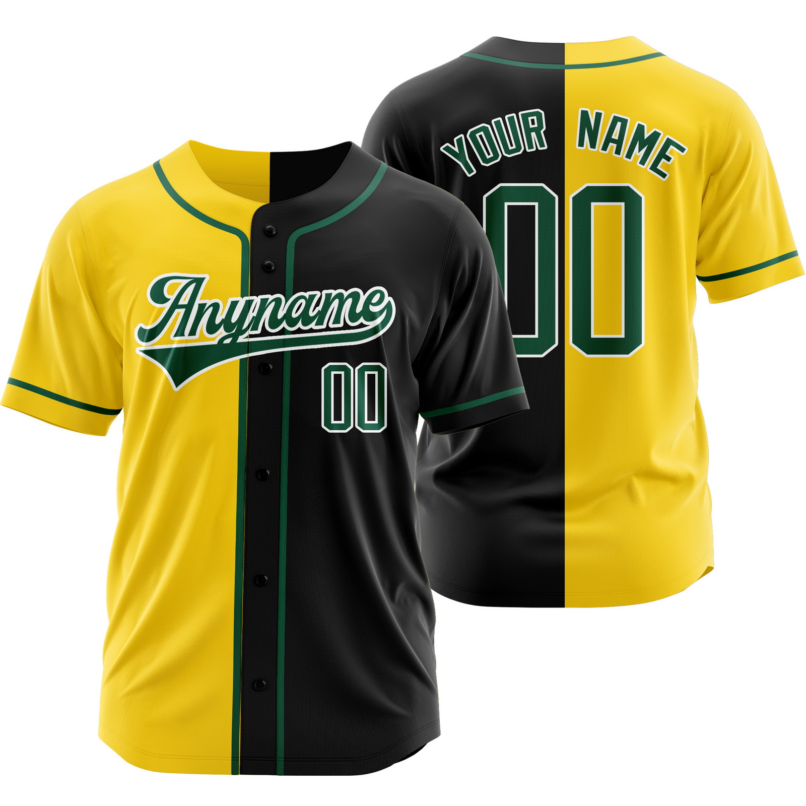 Custom Yellow Black Green Split Baseball Jersey Half Softball Shirt