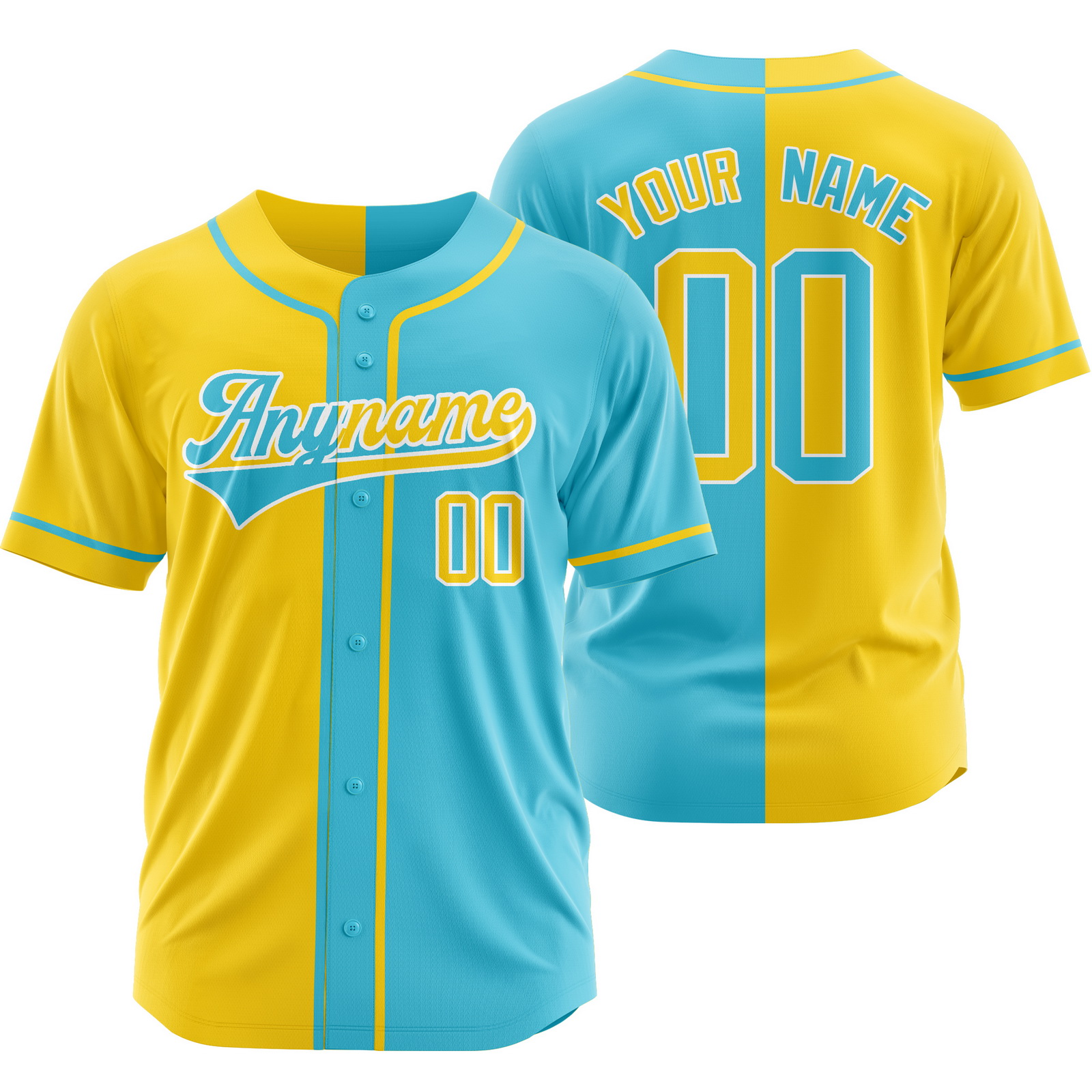 Custom Yellow Cyan Split Baseball Jersey Half Softball Shirt