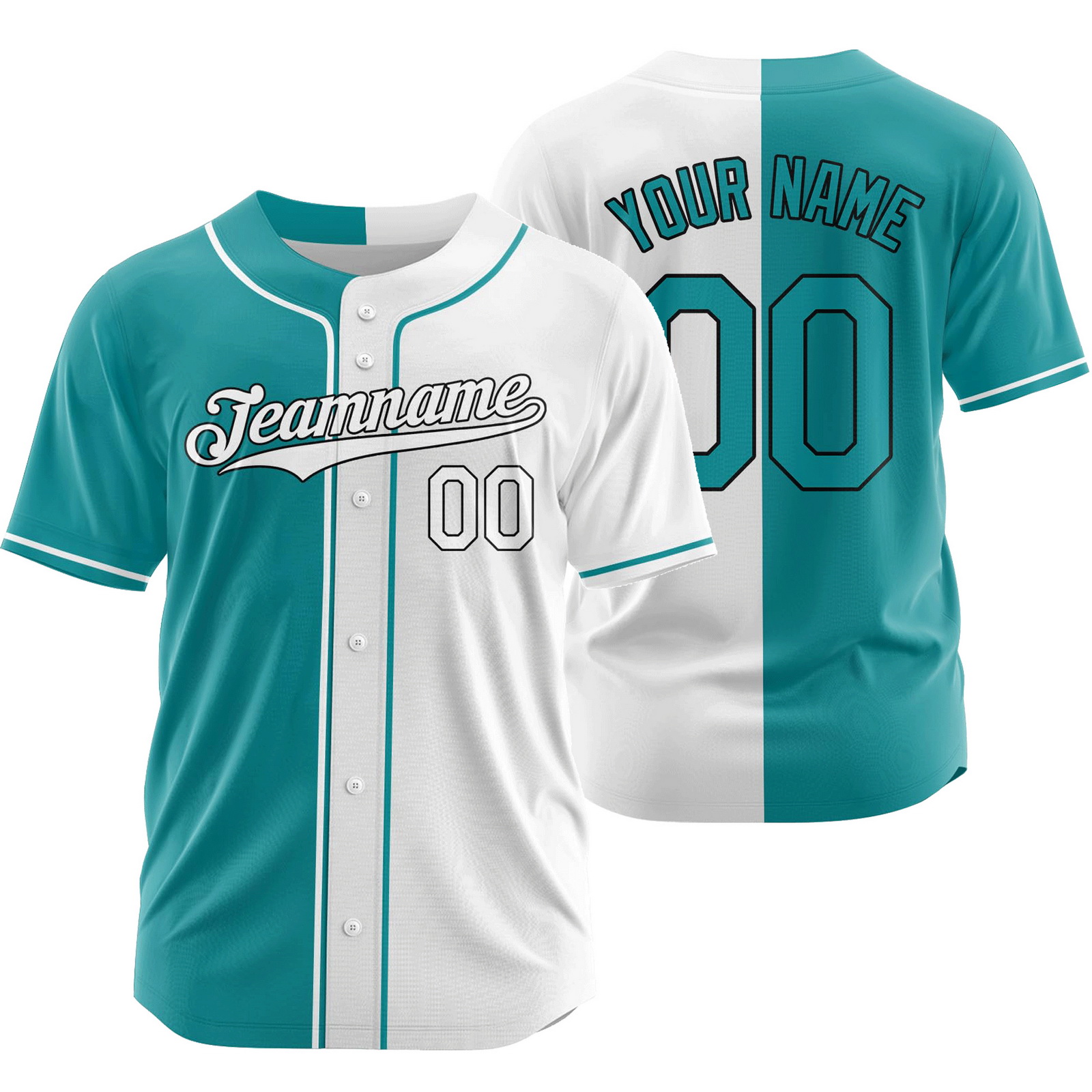 Custom Teal White Split Baseball Jersey Half and Half Shirt