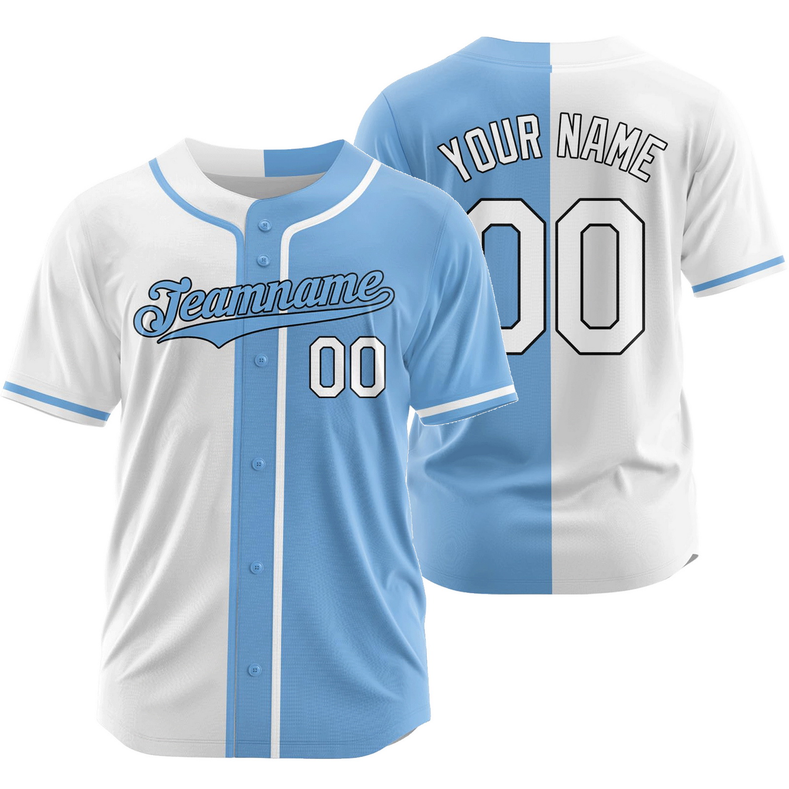 Custom White Light Blue Split Baseball Jersey Half and Half Shirt