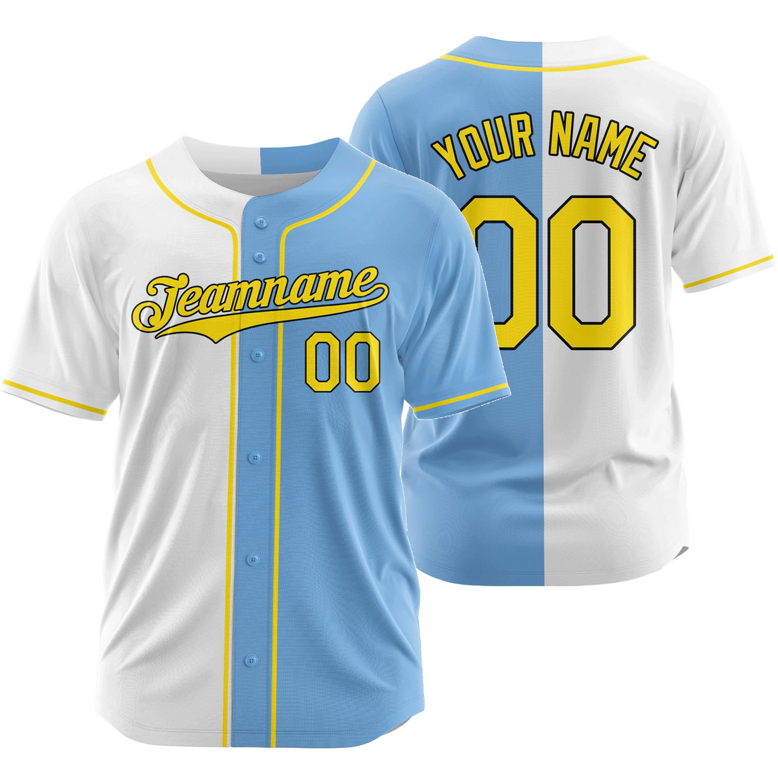 Custom White Light Blue E Split Baseball Jersey Half and Half Shirt