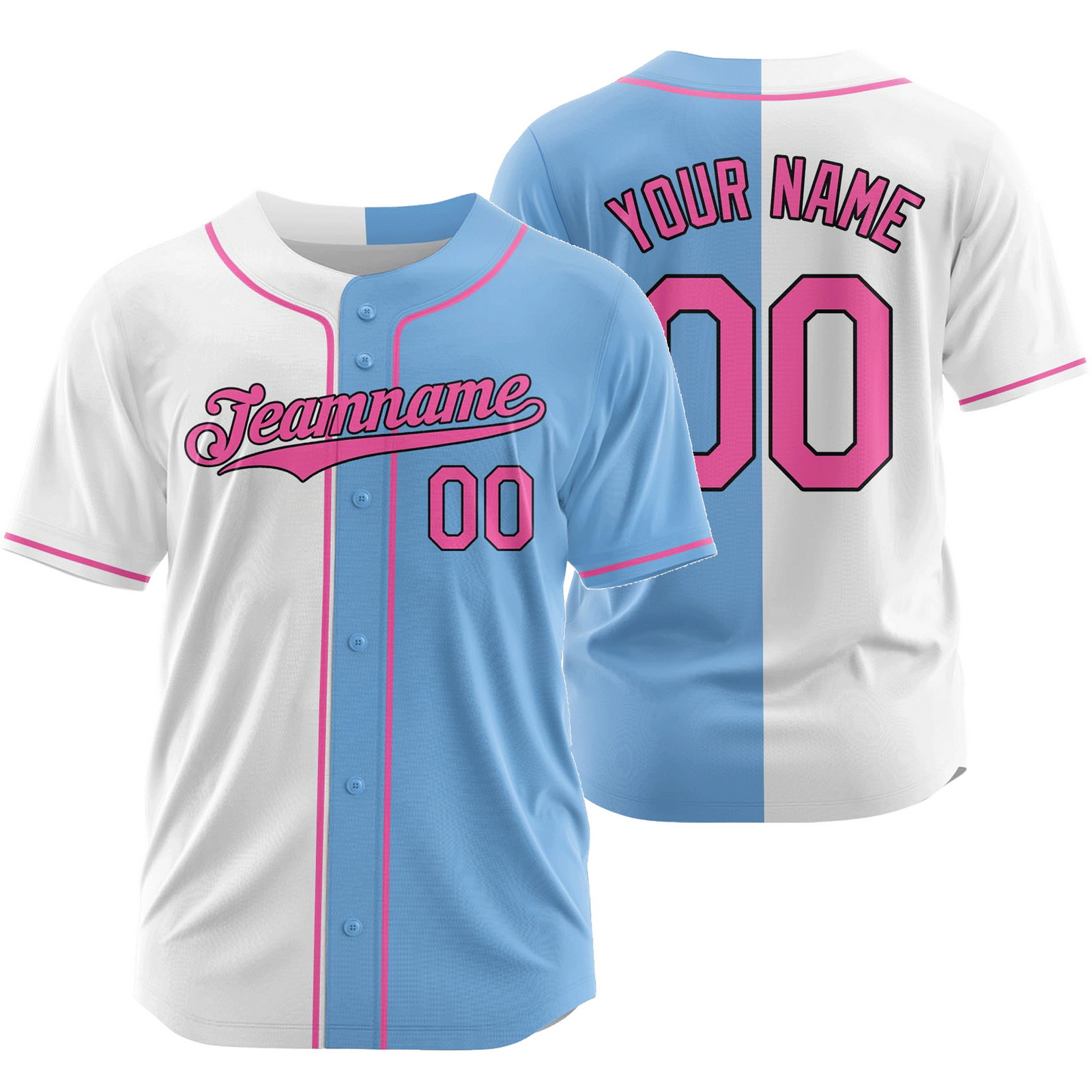 Custom White Light Blue A Split Baseball Jersey Half and Half Shirt