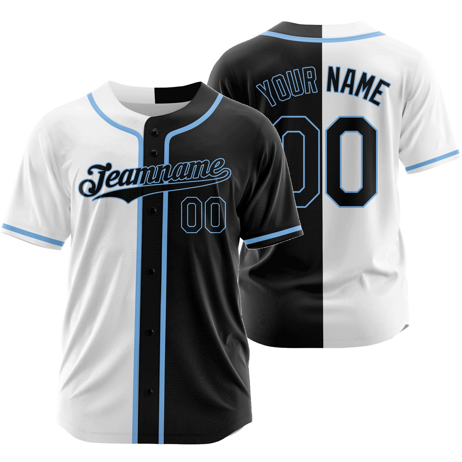 Custom White Black Y Split Baseball Jersey Half and Half Shirt