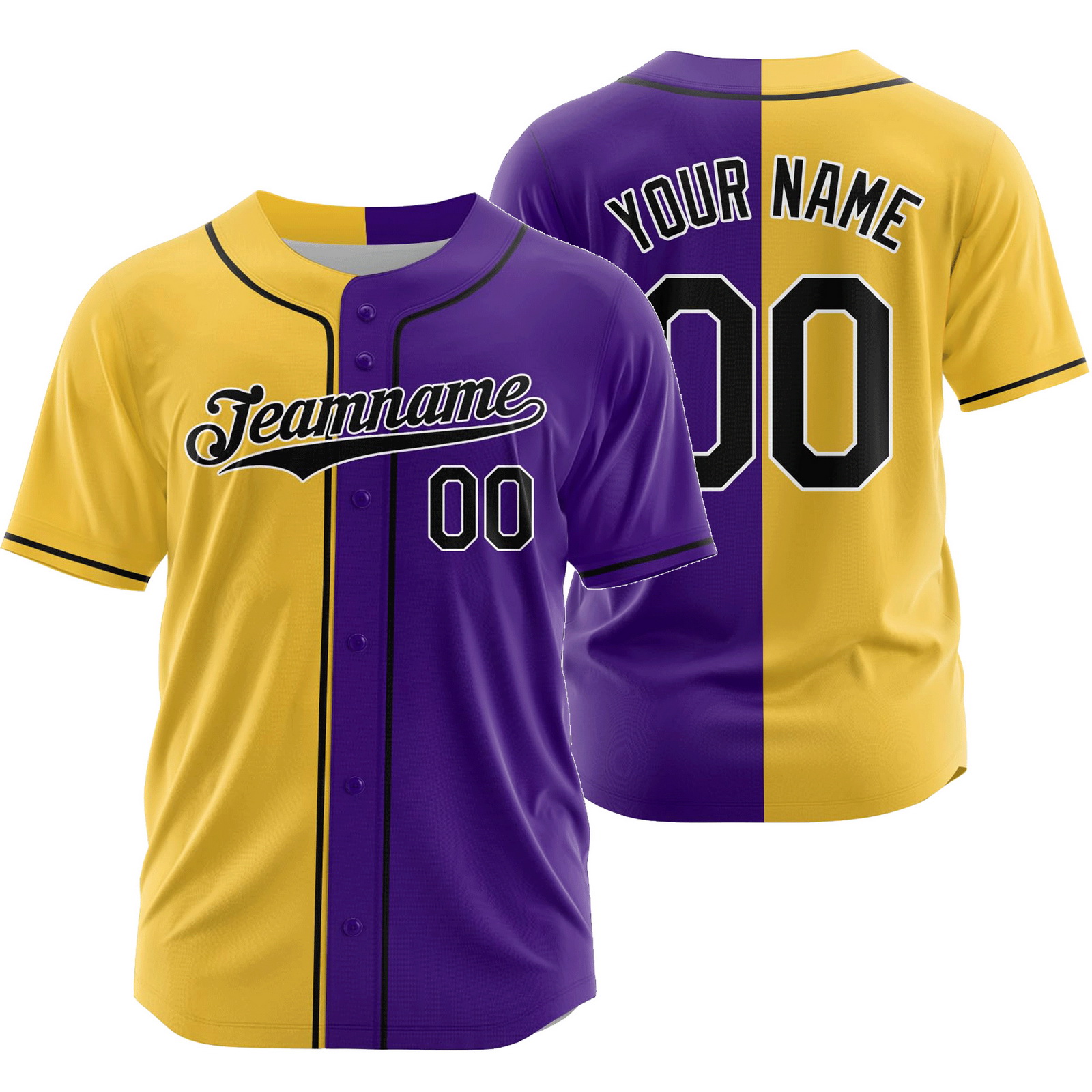Custom Purple Gold R Split Baseball Jersey Half and Half Shirt
