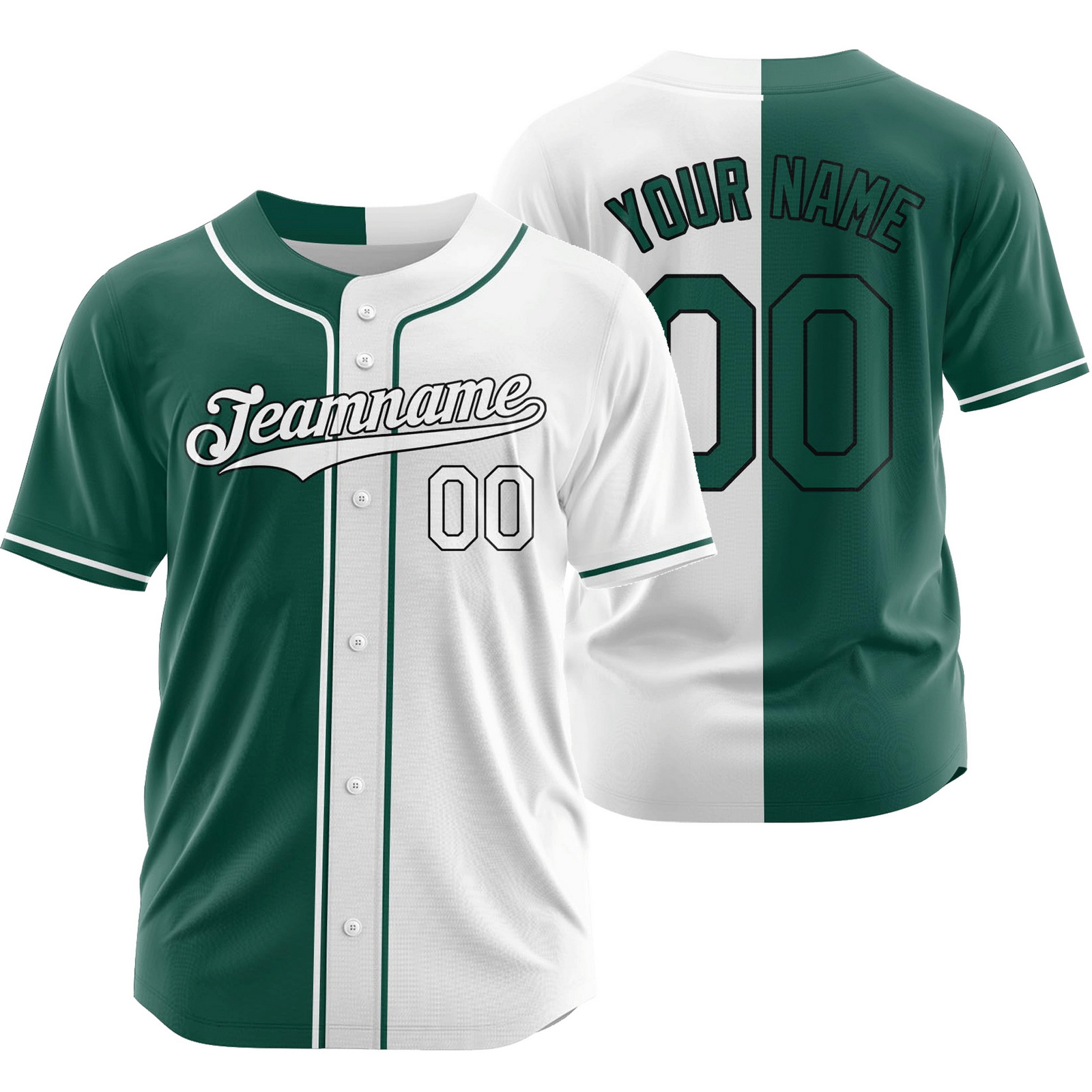 Custom Green White Split Baseball Jersey Half and Half Shirt
