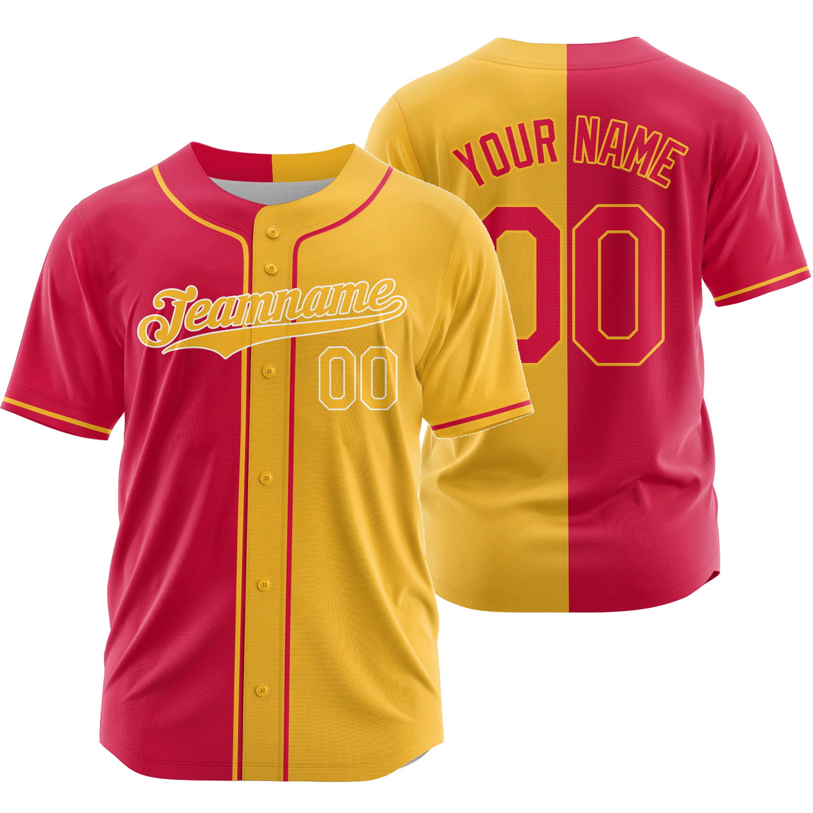 Custom Red Yellow Split Baseball Jersey Half and Half Shirt