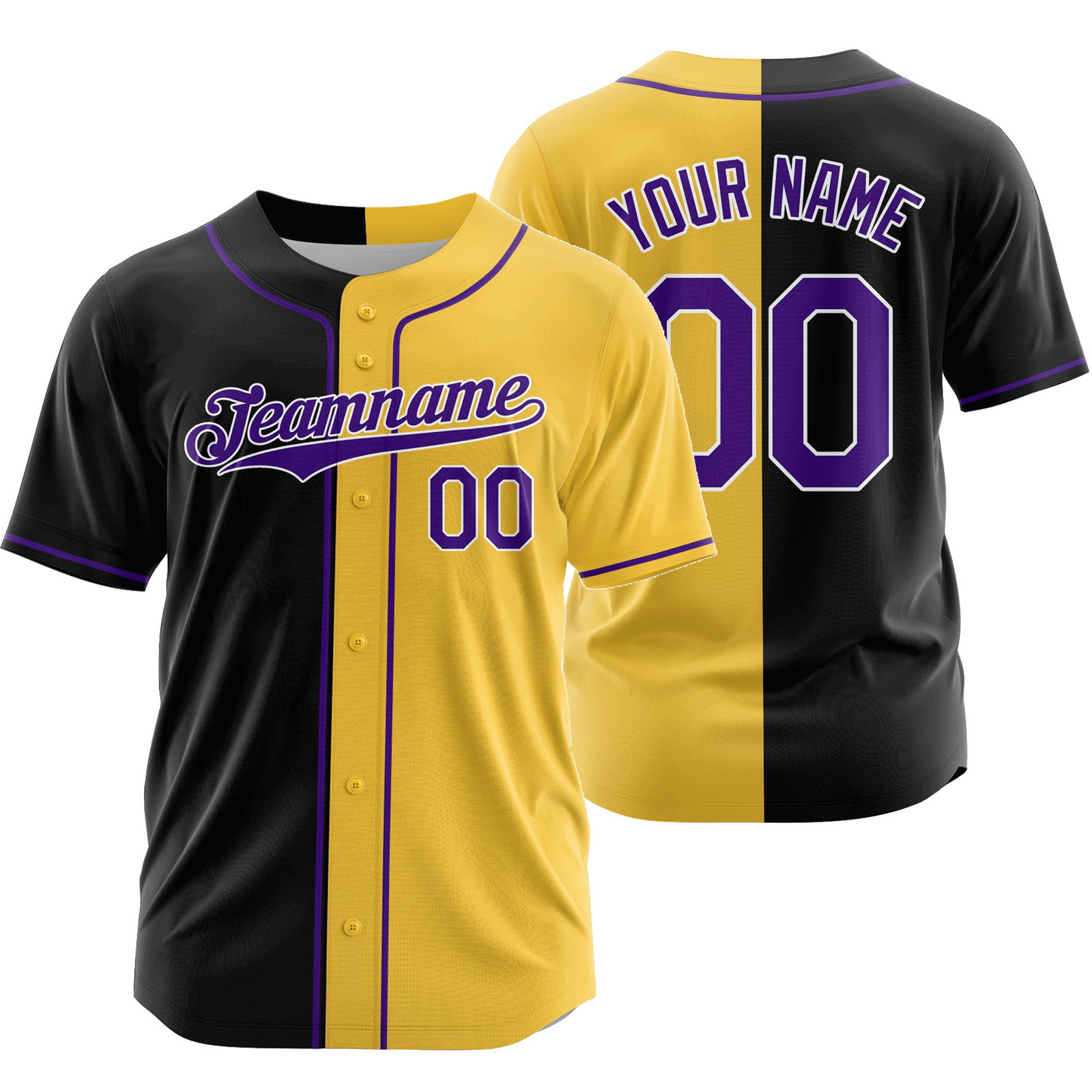 Custom Black Yellow Split Baseball Jersey Half and Half Shirt