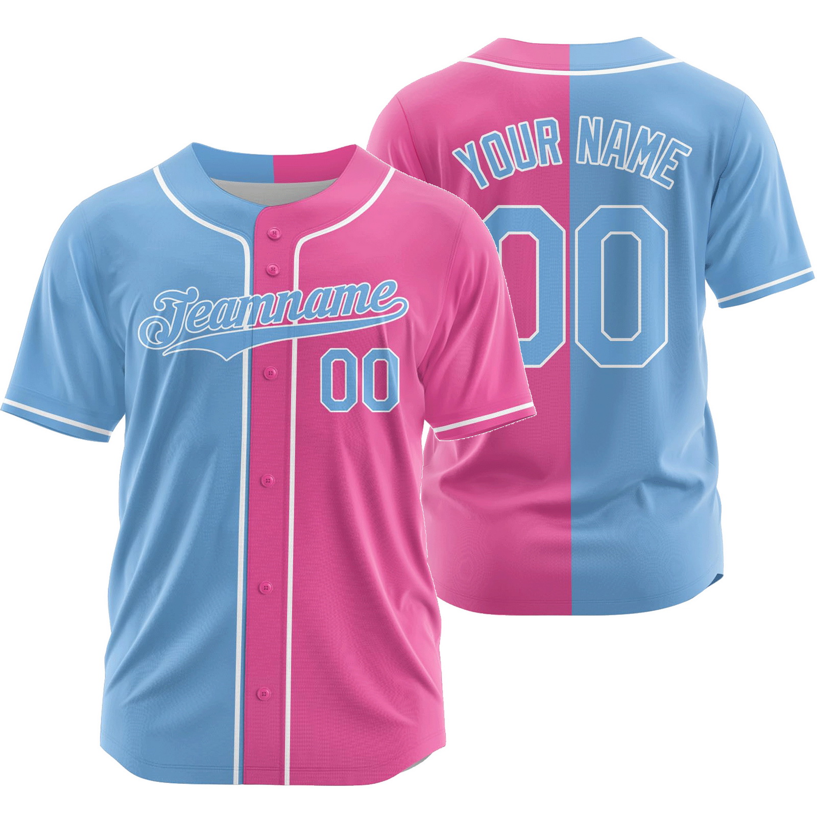 Custom Blue Pink Split Baseball Jersey Half and Half Shirt
