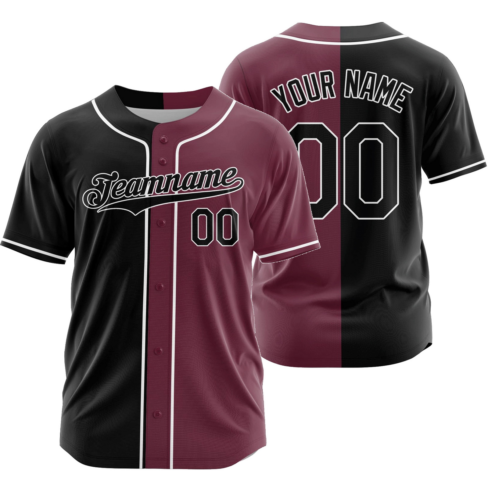 Custom Black Maroon Split Baseball Jersey Half and Half Shirt