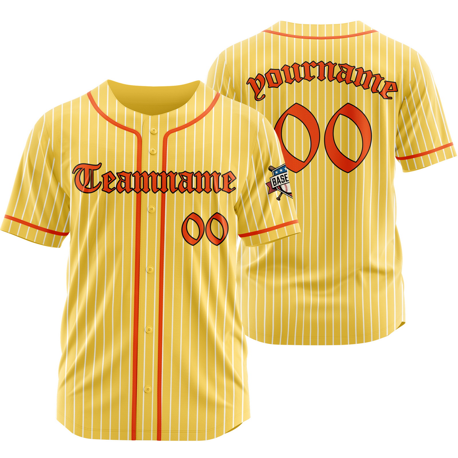 Custom Yellow Orange Pinstripe Baseball Jersey with Name Number Logo