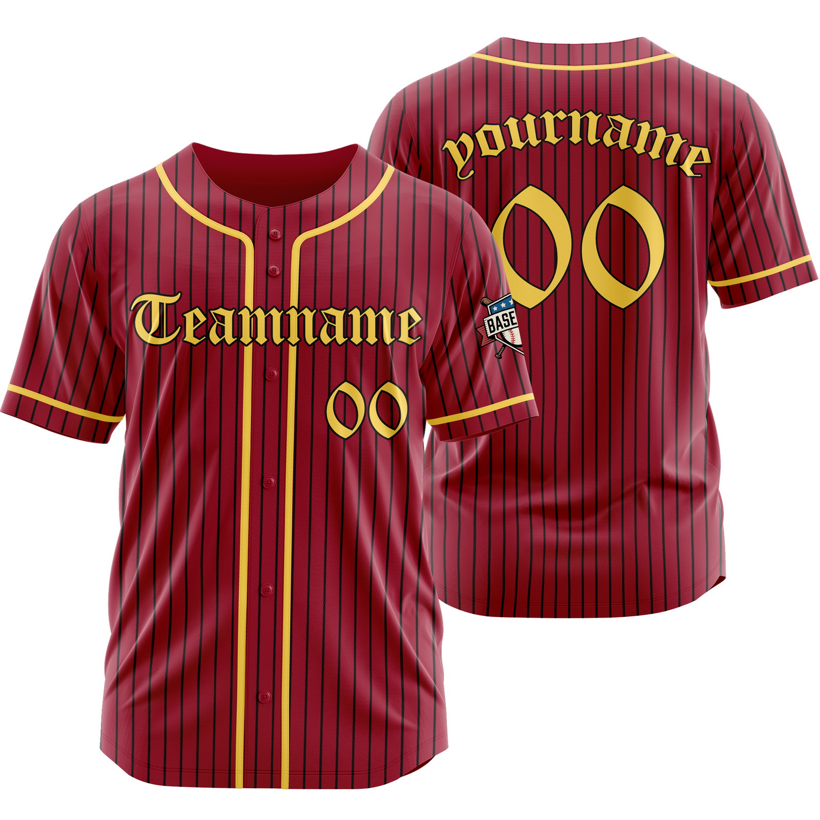 Custom Maroon Yellow Pinstripe Baseball Jersey with Name Number Logo