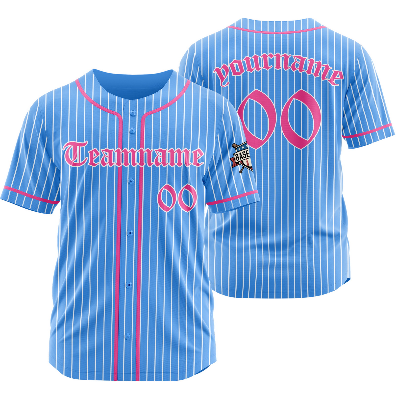 Custom Blue Pink Pinstripe Baseball Jersey with Name Number Logo