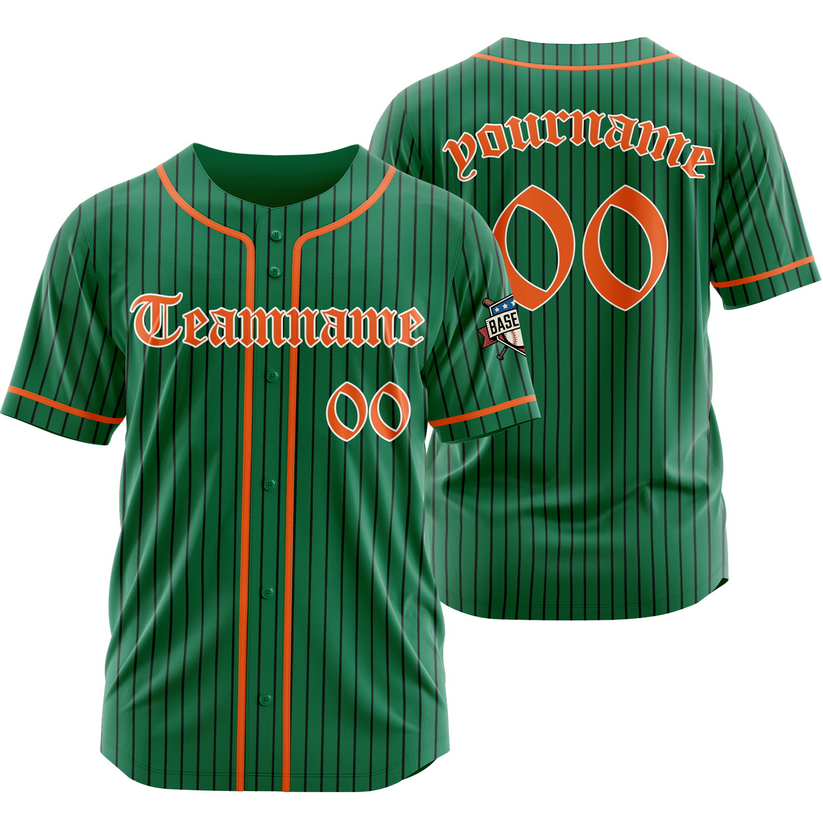 Custom Green Orange Pinstripe Baseball Jersey with Name Number Logo