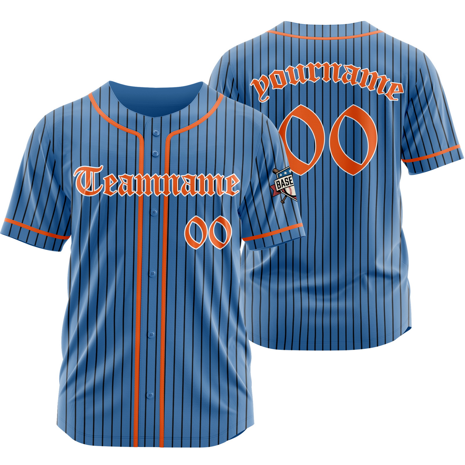 Custom Blue Orange Pinstripe Baseball Jersey with Name Number Logo