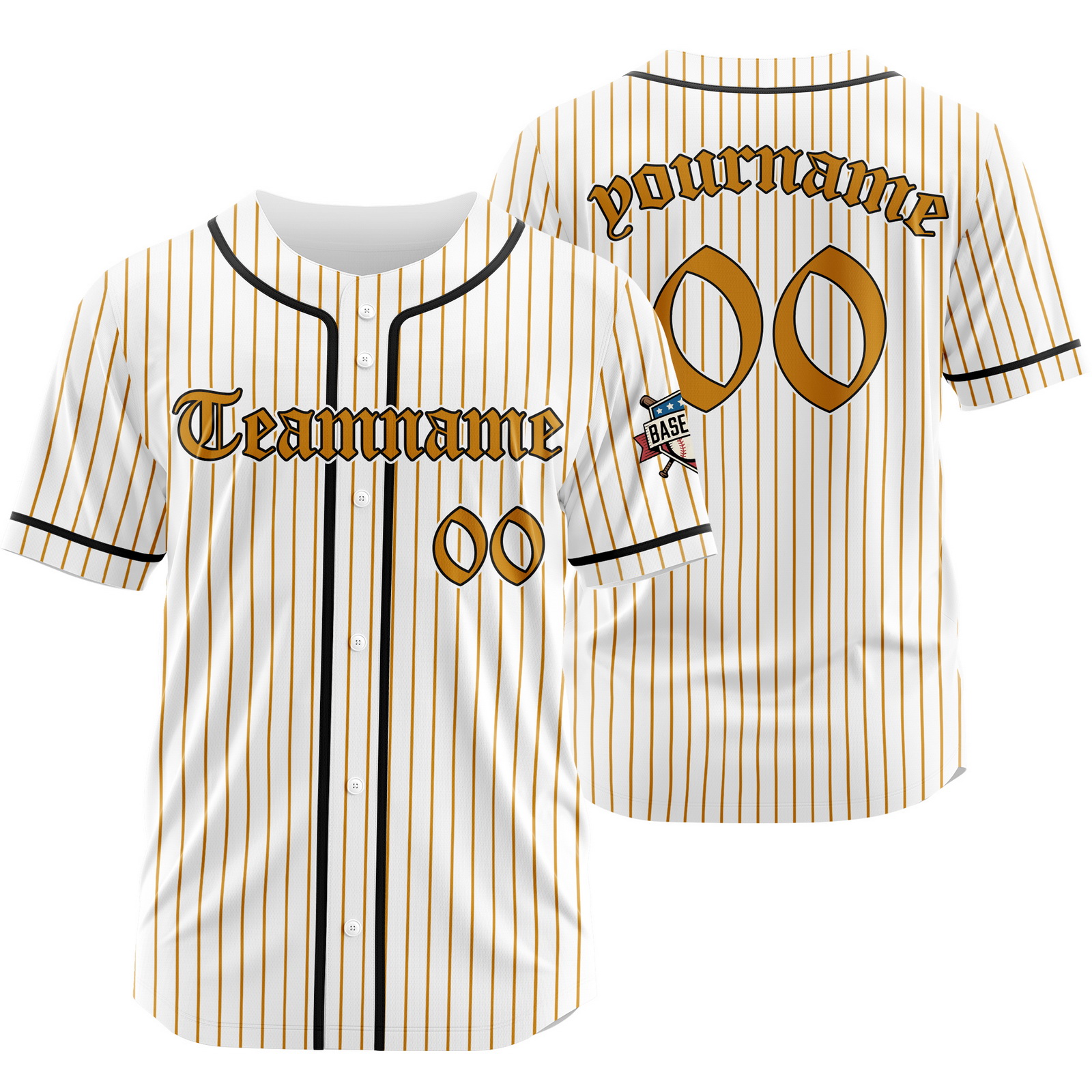 Custom White Gold Pinstripe Baseball Jersey with Name Number Logo