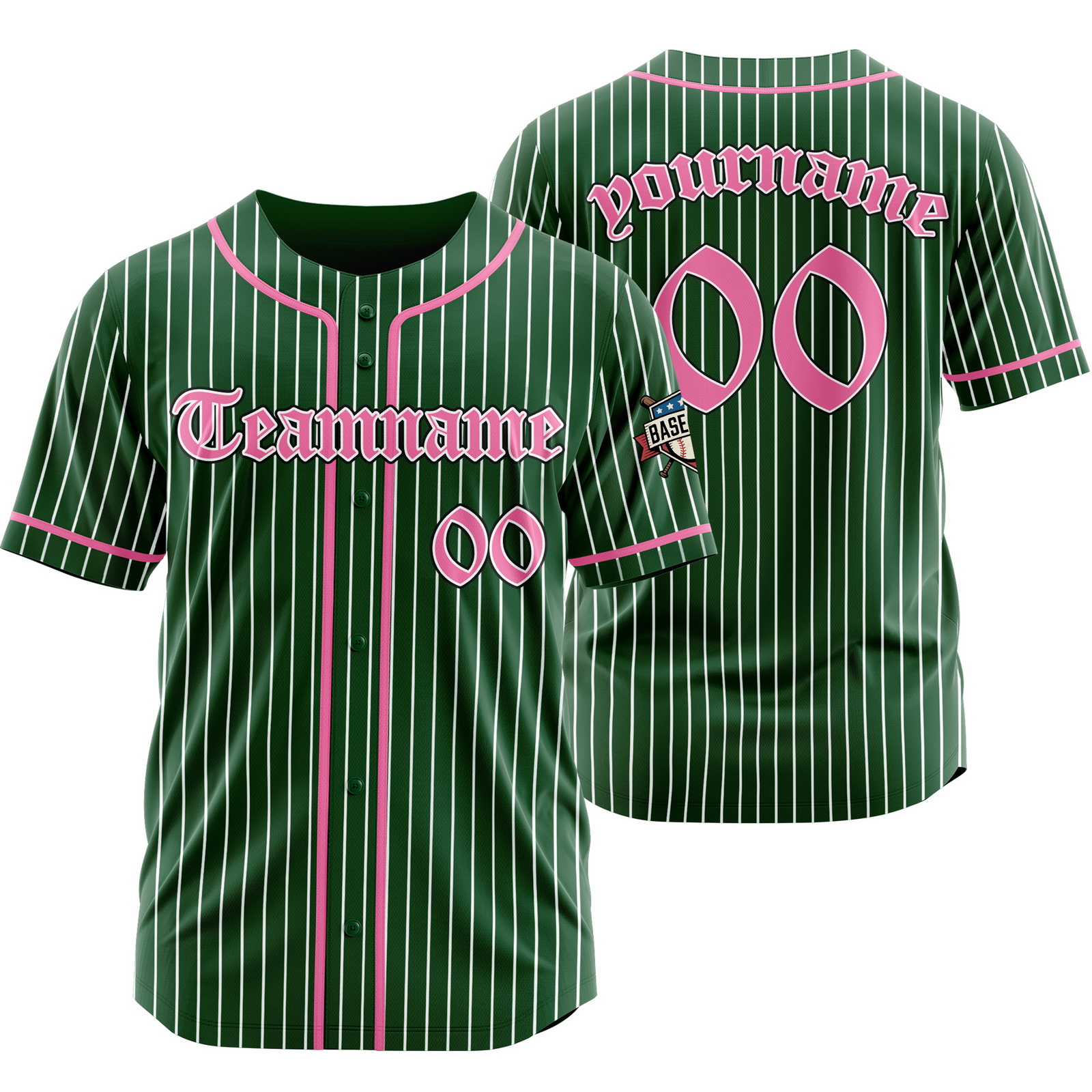 Custom Green Pink Pinstripe Baseball Jersey with Name Number Logo