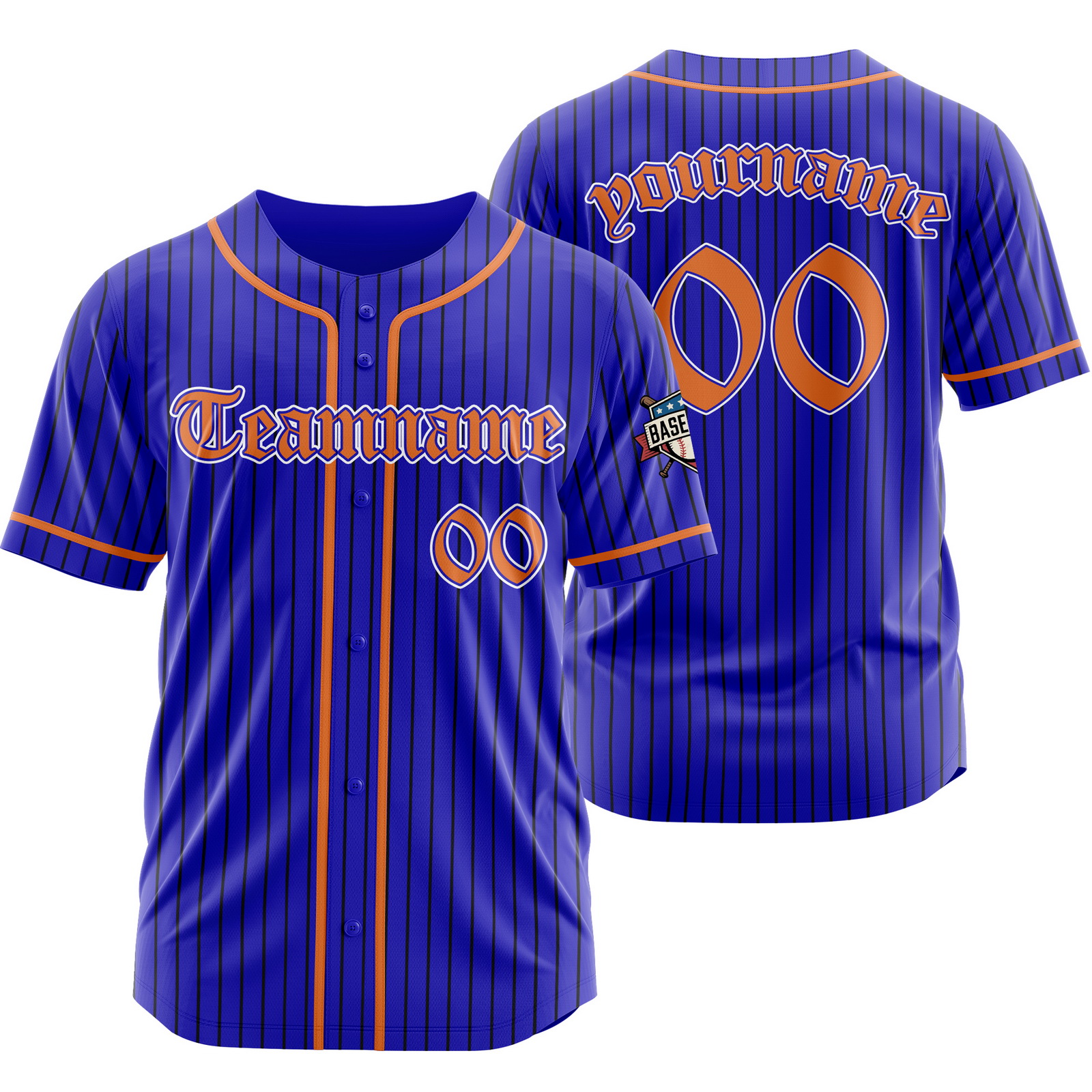 Custom Blue Orange D Pinstripe Baseball Jersey with Name Number Logo